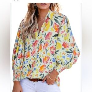 Blouse Floral Puffy Sleeves M-L EUC